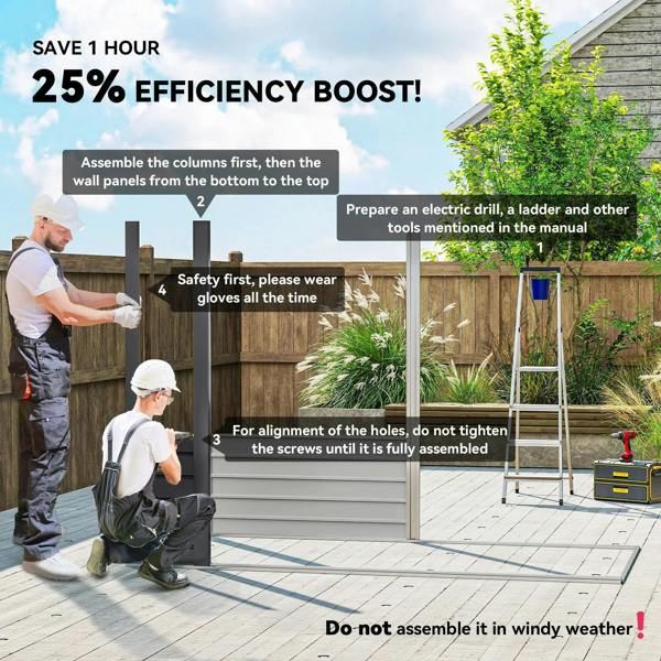 Shed assembly instruction graphic with step-by-step wall panel installation