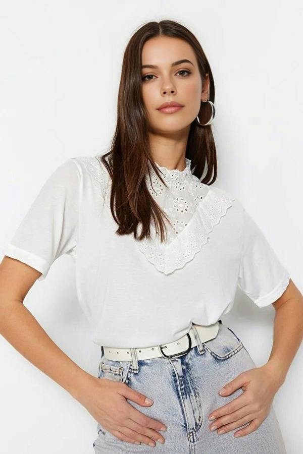 WOVCOR Embroidered High Neck Basic Regular Fit Cotton Knit Blouse