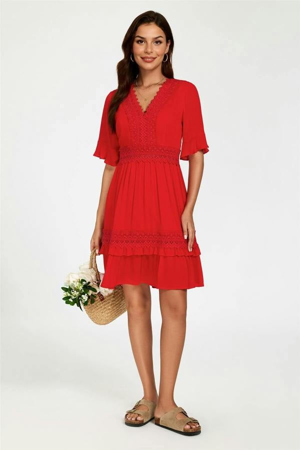 FS Collection V Neck Lace Mini Dress In Red