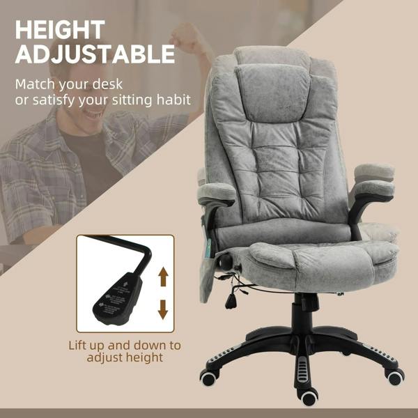 Grey adjustable-height massage recliner chair with swivel base and lift-control detail