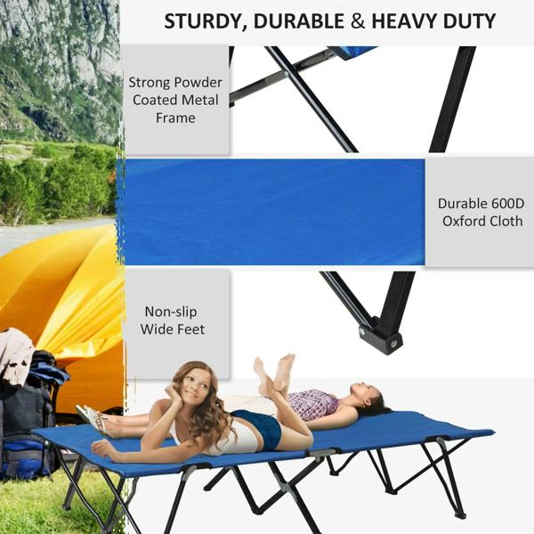 Blue double camping cot bed with durable fabric and foldable metal legs.