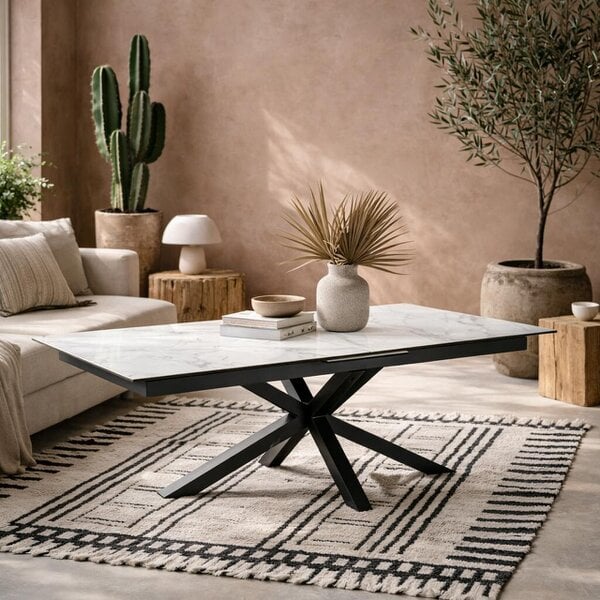 Wyld Haus Perth 168cm White Ceramic Extendable Dining Table Industrial Black Metal Legs