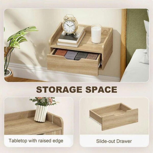 Floating Nightstands Set of 2, Wall Mounted Bedside Table with Drawer for Bedroom, Natural Wood