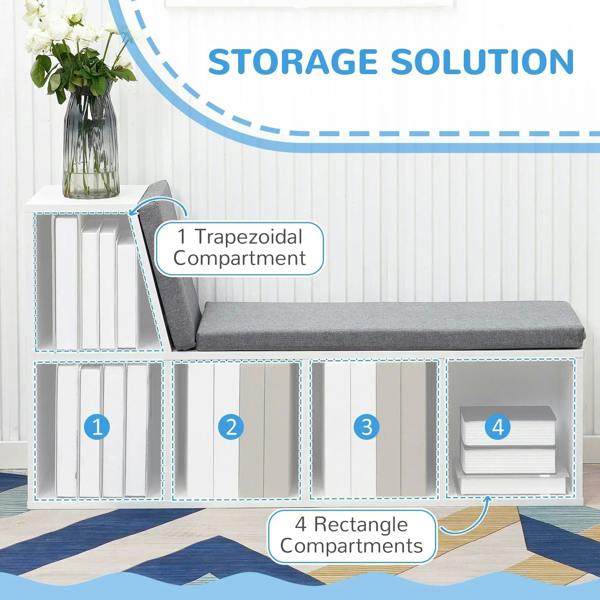 White bookcase storage shelf with gray cushioned seat and multiple compartment cubbies
