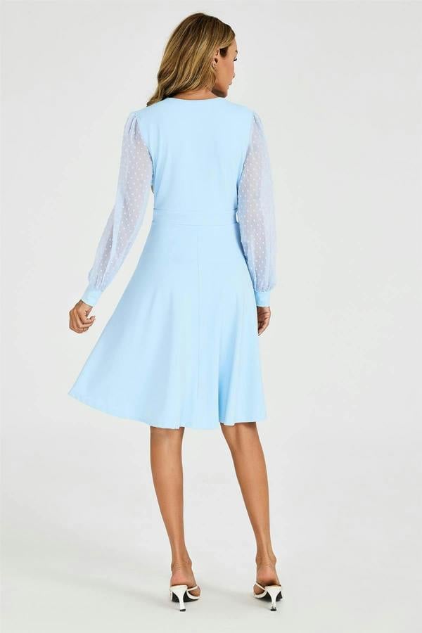 FS Collection Long Sleeve Pleated Detail Midi Dress In Pale Blue