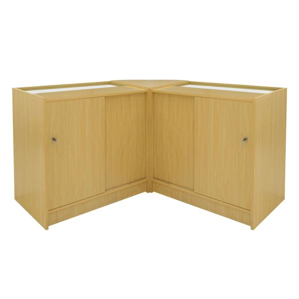 Maple Selene LED shop counter set featuring two corner display units with glass tops and storage cabinets, ideal for retail spaces