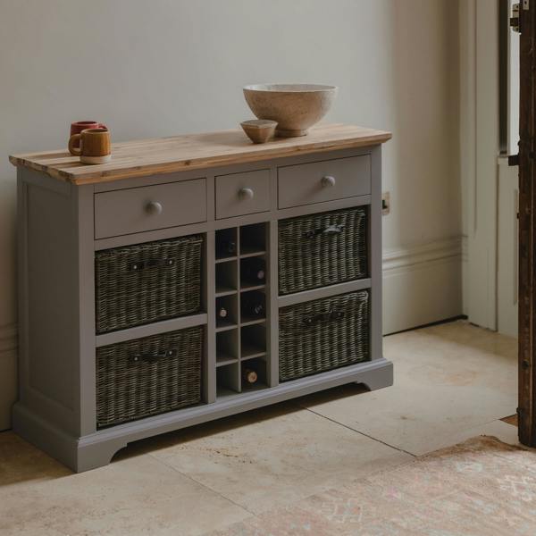Florence Wooden Sideboard with Wine Rack, 3 Drawers and Storage Baskets