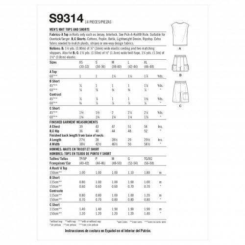 Simplicity Sewing Pattern 9314, Tops, Shorts for Men, A (XS-S-M-L-XL) - Easy