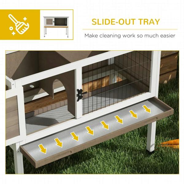 Brown wooden guinea pig hutch with slide-out cleaning tray and wire front mesh