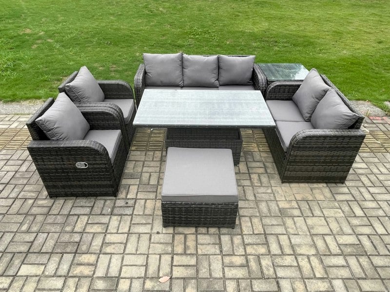Fimous Dark Grey Mixed Rattan Outdoor Dining Set - Height Adjustable Lifting Table, Reclining Chair, Side Table & Big Footstool