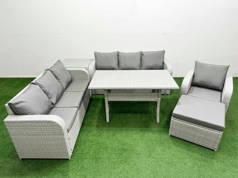 Fimous 8 Seater Poly Rattan Garden Furniture Patio Set, Dining Table, 3 Seater Sofas, Reclining Chair,, Big Footstool, Side Table, Light Grey
