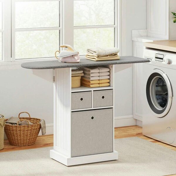 Ironing Board Cabinet on Wheels with Ironable and Foldable Top, Mobile Storage Cabinet with Ironing Board, White - White