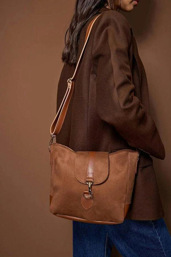 WOVCOR Suede Women's Midi Tote Shoulder Bag with Buckle Detail