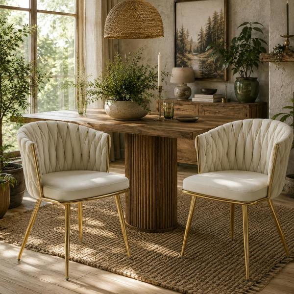 Wyld Haus Sosura Set Of 2 Cream Velvet Upholstered Dining Chairs With Woven Back And Armrests