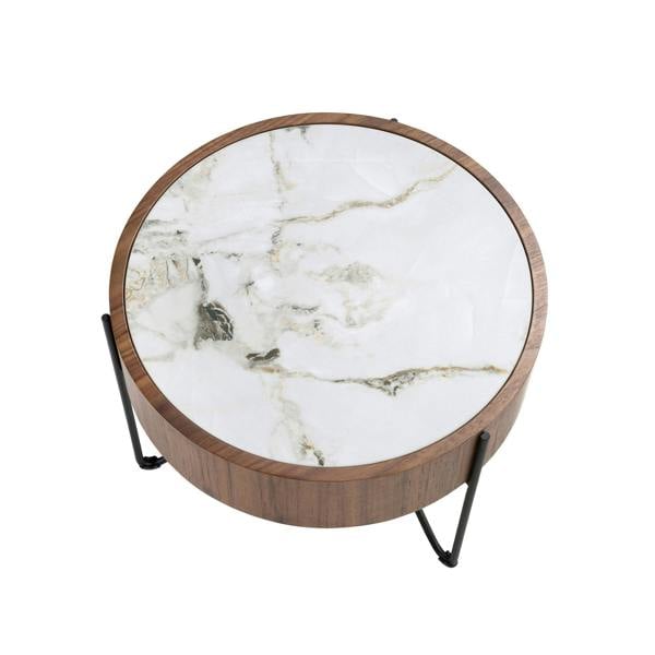 Angel Cerdá Round corner table in porcelain marble, walnut and black steel 2139