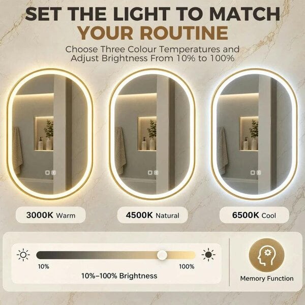 Bathroom Mirror with LED Lights, 100x70cm Oval Bathroom Mirror, Dimmable, Bluetooth, Anti-Fog, Gold Tone