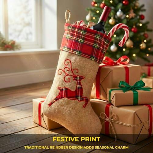 Large Christmas Stocking Reindeer Print Hessian Hanging Sack for Festive Home Decorations image 6