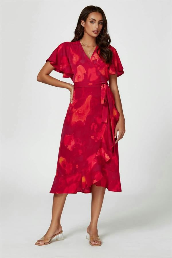 FS Collection Abstract Print Angel Sleeve Wrap Midi Dress In Red