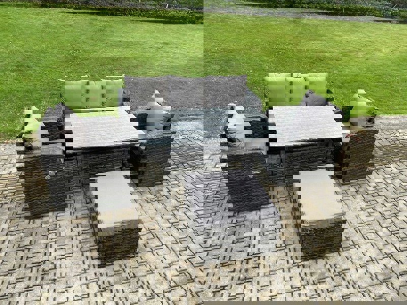 Fimous Wicker PE Rattan Garden Furniture Set Outdoor Rectangular Dining Table and Chair Sofa Set With Big Footstool Dark Grey Mixed