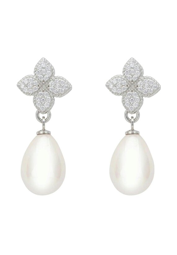 Latelita Clover Flower Pearl Drop Cz Earrings Silver