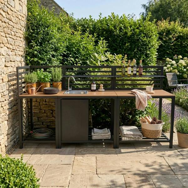 Stylish outdoor kitchen set featuring a sleek aluminum frame, wooden countertop, and modern design, surrounded by lush greenery