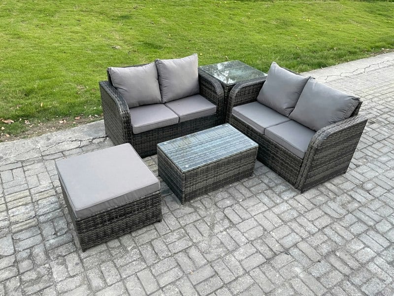 Fimous Outdoor Lounge Sofa Set Rattan Garden Furniture Set with Rectangular Coffee Table Big Footstool Side Table Dark Grey Mixed