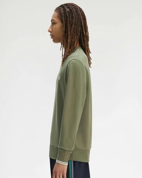 Fred Perry Mens Crew Neck Sweatshirt - Laurel Wreath Green/Ecru/Dusky Blue 87B | CHO | Designer Mens Sweatshirts