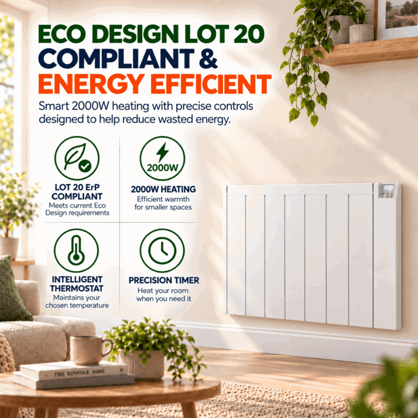 MYLEK Electric Radiator Panel Heater Ceramic White Eco 2000W Bathroom Safe Wall Mounted Or Free Standing With Timer Thermostat