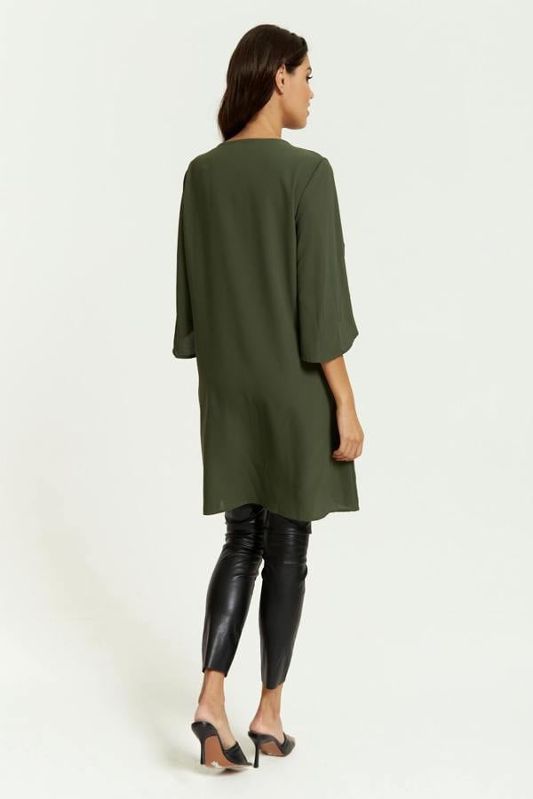 Hoxton Gal Oversized V Neck Detailed Satin Tunic with Split Sleeves in Khaki