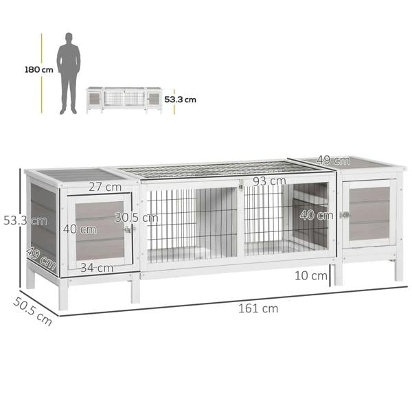 Grey rabbit hutch and run with removable tray, labeled size diagram with mesh panels