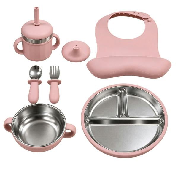 Maison des Cadeaux Set of 7 Baby Feeding & Weaning Set with Stainless Steel Plate, Bowl, Bib, Cup & Cutlery-Pink