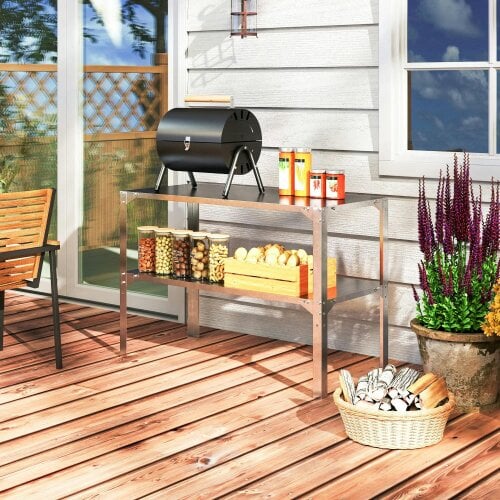 Bobobiy 2 Tier Potting Bench Table, Galvanised Steel Garden Planting Work Bench Workstation with Storage Shelf, 110 x 50 x 75 cm, Silver Tone