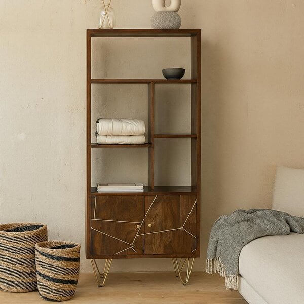 Wyld Haus Bandung Dark Mango Wood and Gold Large Bookcase 2 Door 5 Shelves