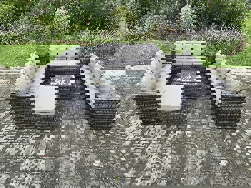 Fimous 10 Seater Outdoor Lounge Sofa Set Wicker PE Rattan Garden Furniture Set with Oblong Coffee Table Side Table Big Footstool Dark Grey Mixed