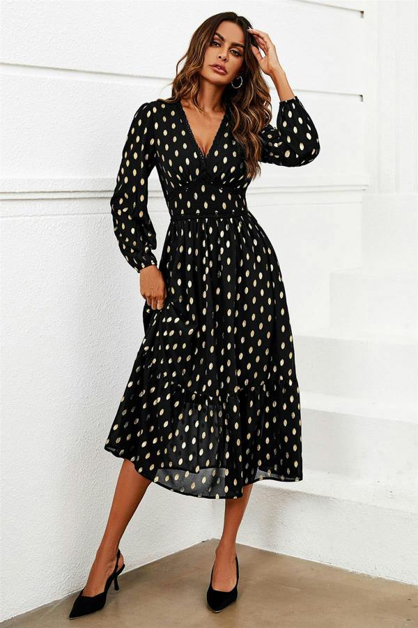 FS Collection Lace Trim Foil Long Sleeve Maxi Dress In Black