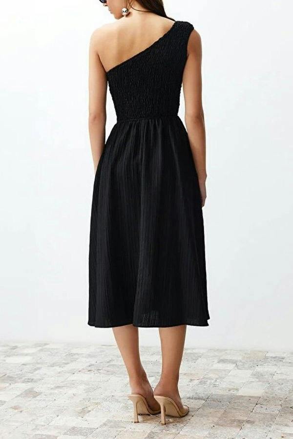 WOVCOR Waist-Leg Embellished One-Shoulder Midi Woven Dress