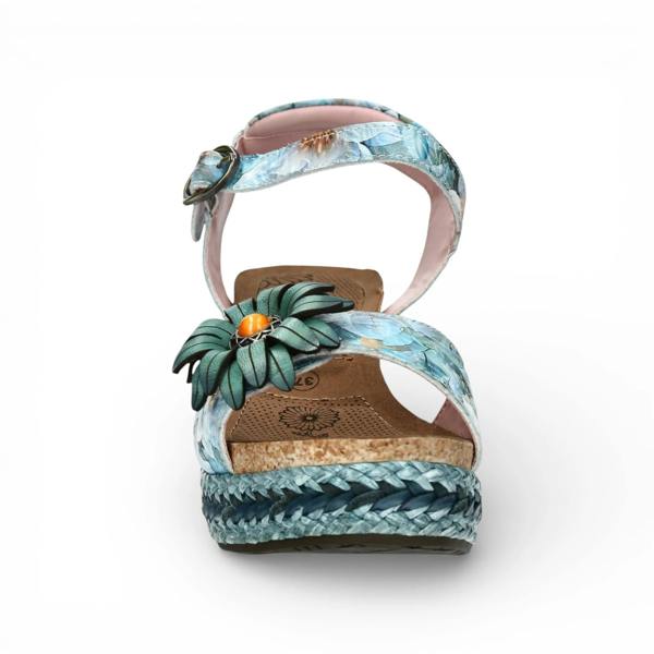 Laura Vita Facyo 75 - Women's Blue Floral Leather Wedge Sandals