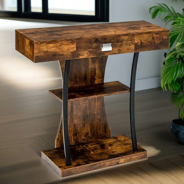 Rafaelo Mobilia Industrial Console Table T-Shaped Rustic Brown