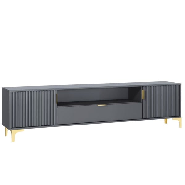 Mex Furniture Luxurious Grey TV Stand with Fluted Doors & Gold Accents – 200cm Media Console