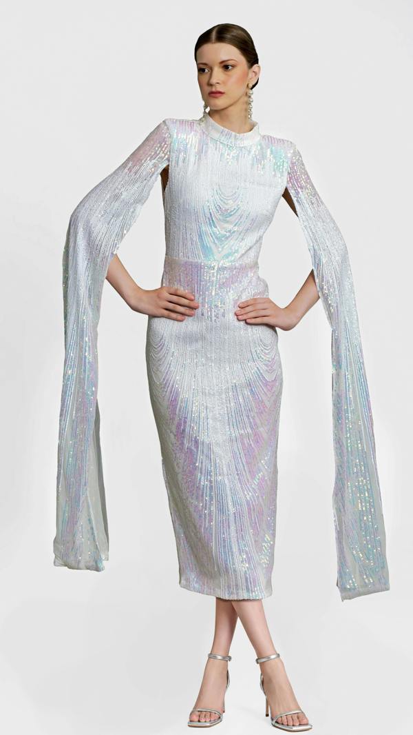 LuvForever Alexandra - White Cape Sleeve Sequin Midi Dress