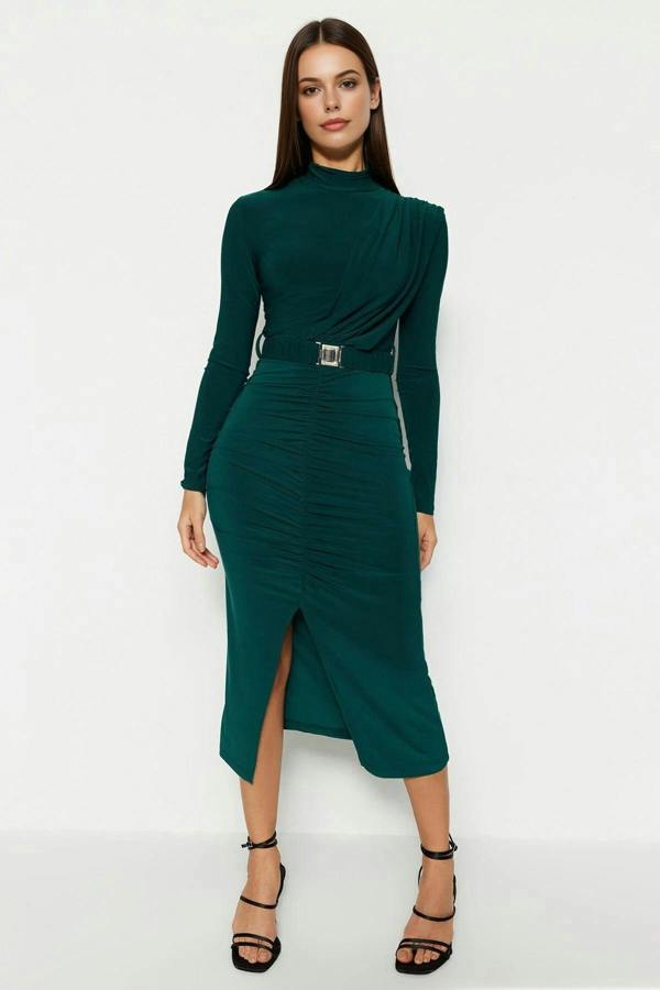 WOVCOR Stretchy Midi Knit Dress with Stand-Up Collar and Belt Detail