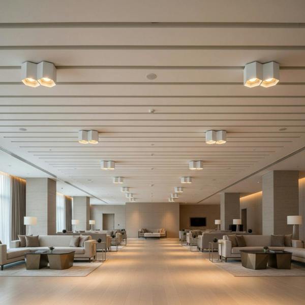 white contemporary ceiling light mounted in a modern hotel bar area