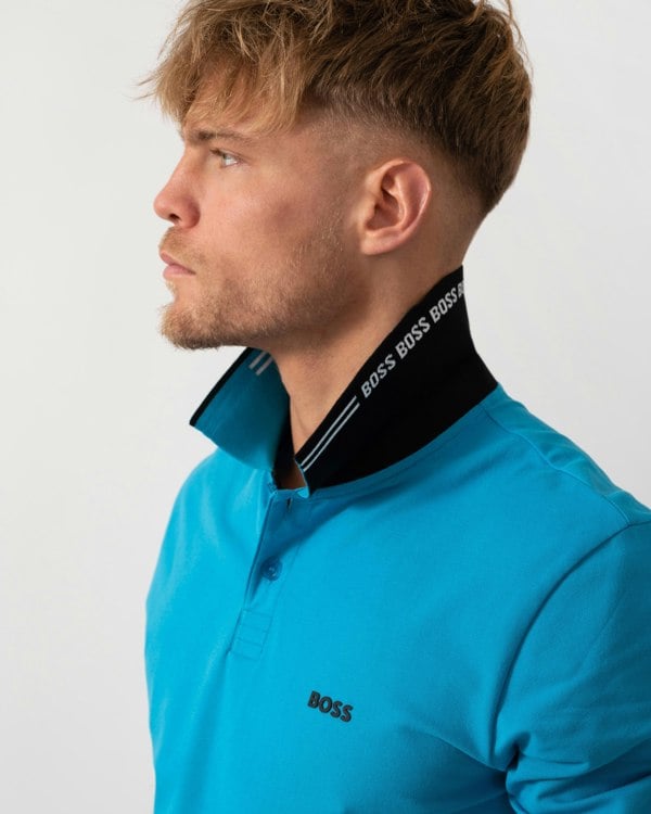 BOSS Green Paul Mens Short Sleeve Polo Shirt With Contrast Tipping - Turquoise/Aqua 443 - CHO - Designer Mens Short Sleeve Polo Shirts
