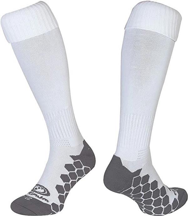 White Optimum Classico knee-length football socks, pair with grey cushioned soles and logo on white - Optimum
