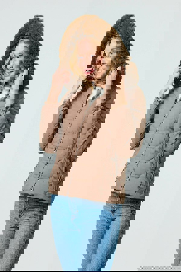 Brown | Faux Fur Hooded Zip-Up Puffer Jacket
