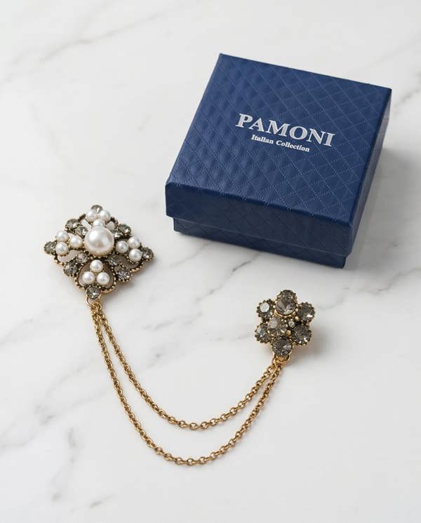 Pamoni Ornate Pearl and Crystal Lapel Chain Brooch