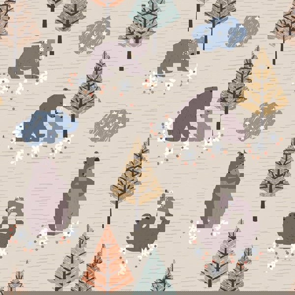 Pattern of bears and trees on a beige background