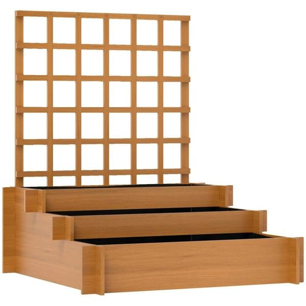 Brown wooden 3-tier raised planter with trellis lattice for climbing vines
