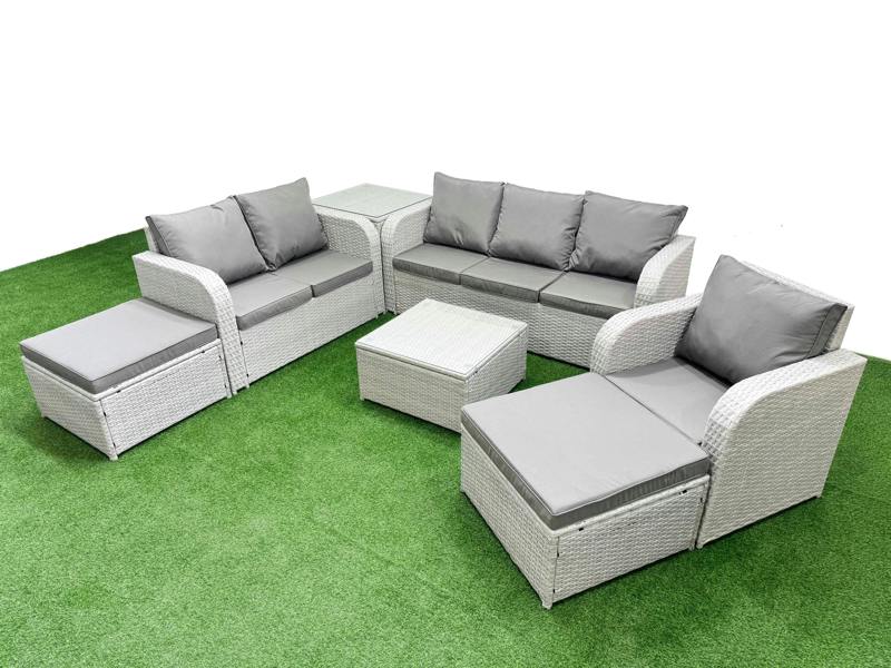 Fimous 8 Seater Lounge Set, PE Wicker, Square Coffee Table, Reclining Chair, Loveseat, 3 Seater Sofa and 2 Big Footstools, Light Grey