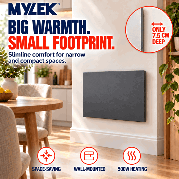 MYLEK Electric Radiator Panel Heater Grey WIFI Smart APP Eco 1500W Bathroom Safe Wall Mounted Timer Thermostat